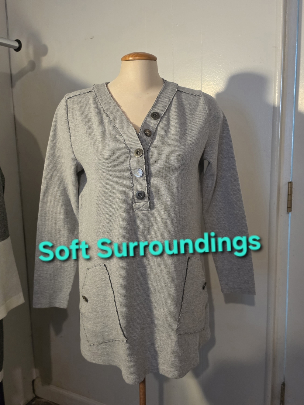 Soft Surroundings Gray V-Neck Button Pullover Sweater